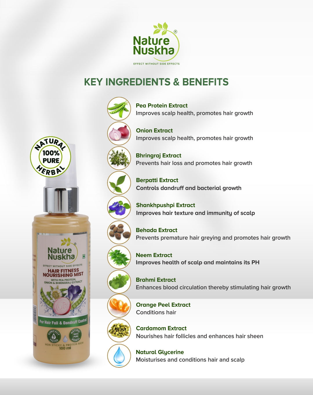 Onion, Pea Protein & Bhringraj Nourishing Hair Mist Spray Non-sticky for Hairfall & Dandruff Control with all Natural Ingredients, (60ml / 100ml)