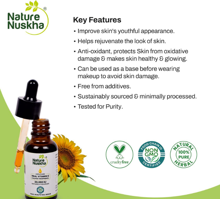 Nature Nuskha Vitamin E Oil 30,000 IU | Pure & Natural, Undiluted Face Oil for Glowing Skin, Hair Fall Control, Nail Strength, Scars & Stretch Marks | Non-GMO, No Mineral Oil – 30ml
