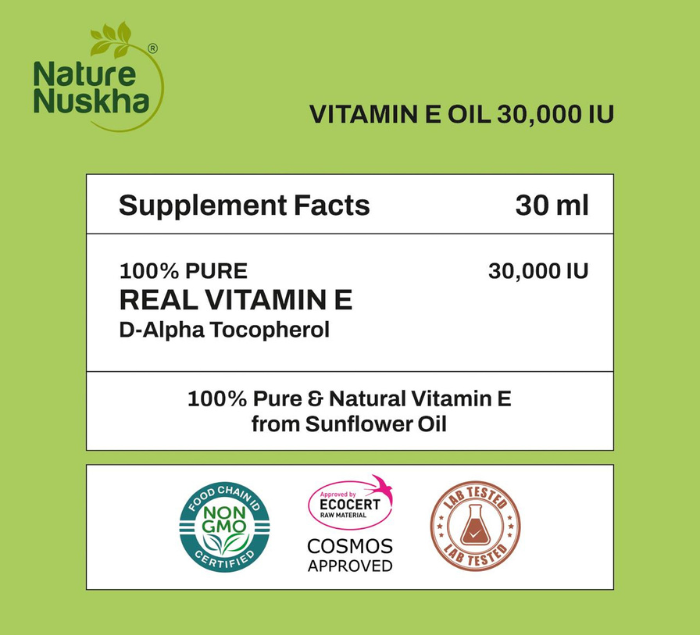 Nature Nuskha Vitamin E Oil 30,000 IU | Pure & Natural, Undiluted Face Oil for Glowing Skin, Hair Fall Control, Nail Strength, Scars & Stretch Marks | Non-GMO, No Mineral Oil – 30ml
