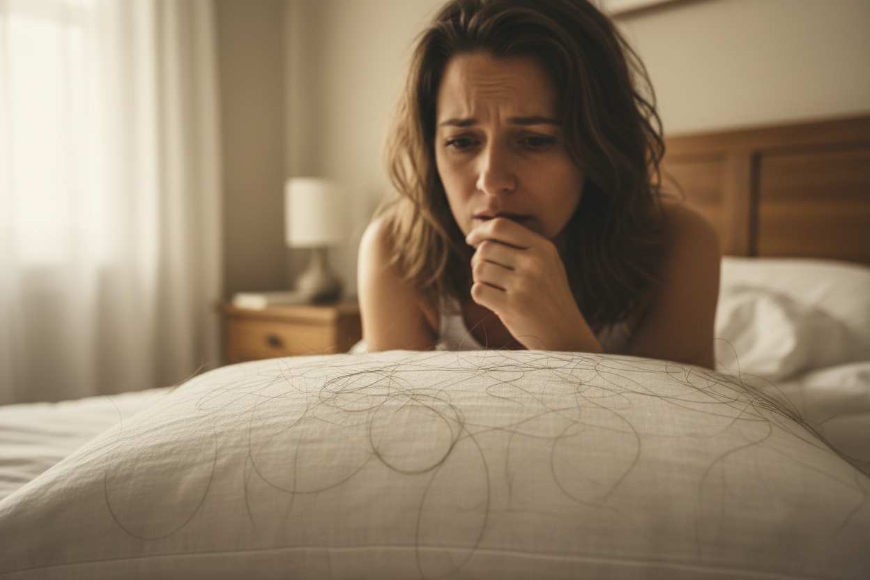 create an image showing pillow with hairs on it, and a person looking sadly to those pillow