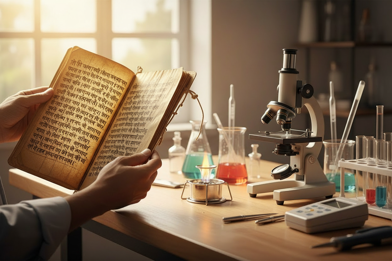 Hands holding ancient Ayurvedic text next to modern lab equipment (symbolizing tradition + science)