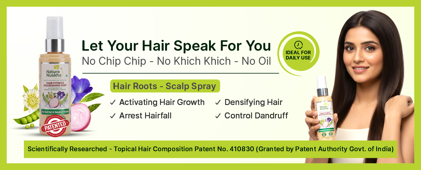 Hair care product advertisement with a woman holding a spray bottle and text about hair care benefits.