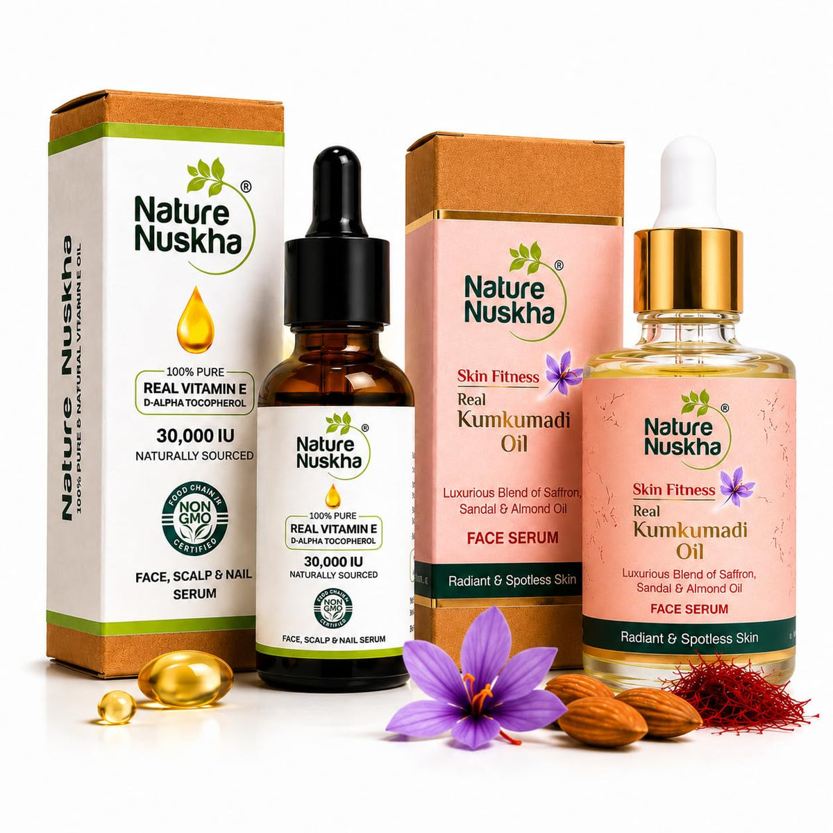 Real Vitamin E Oil 30,000 IU + Real Kumkumadi Oil Combo | Repair + Glow Duo | Face Serum for Healthy, Glowing Skin, Dry Skin, Pigmentation & Dark Spots | D-Alpha Tocopherol & Kumkumadi Tailam | For Women & Men | 30ml + 25ml