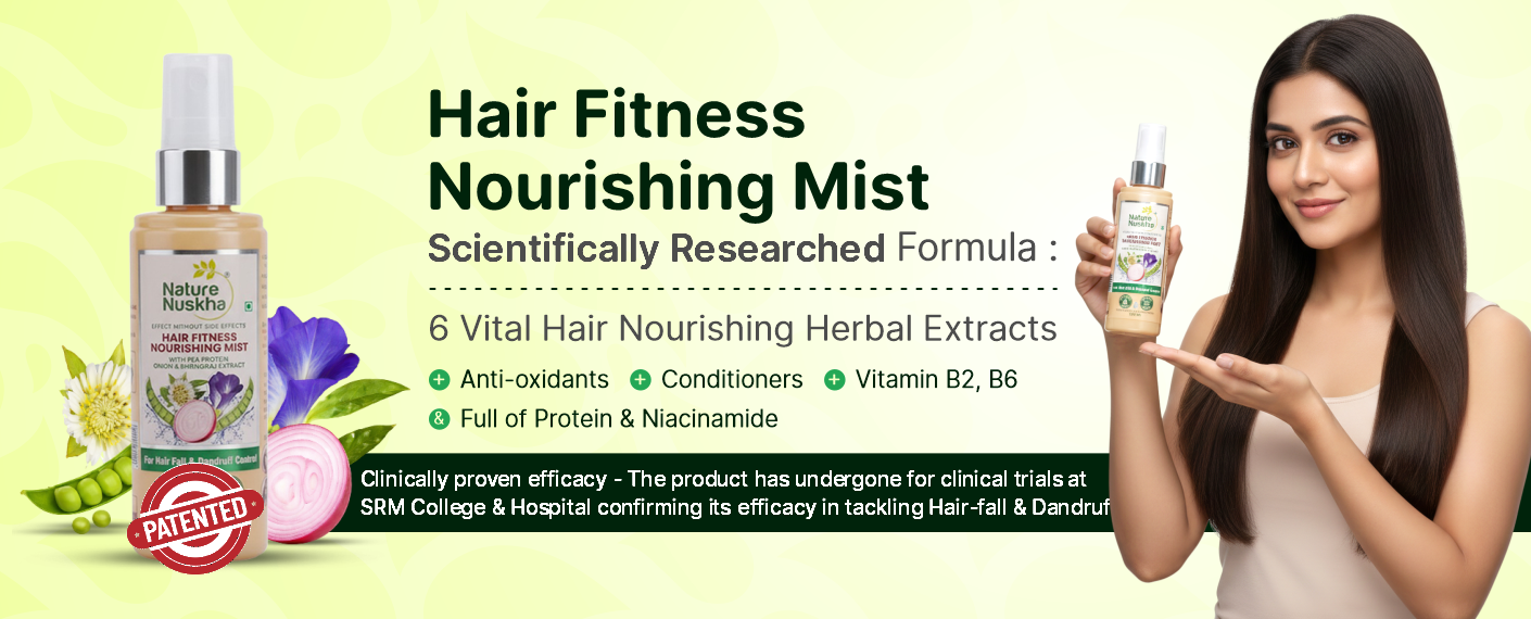 Hair fitness nourishing mist with a woman holding the product and text about its benefits.