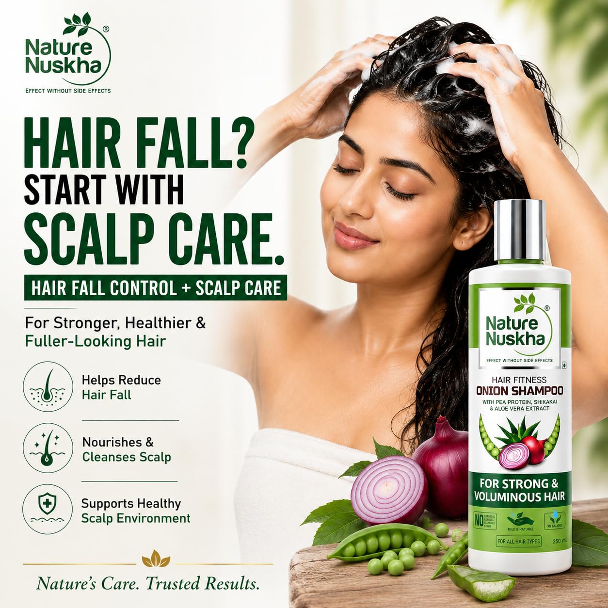 Onion Shampoo for Hair Fall Control & Scalp Care | Pea Protein, Shikakai, Neem & Hyaluronic Acid | Stronger, Fuller-Looking Hair | Dermatologically Tested