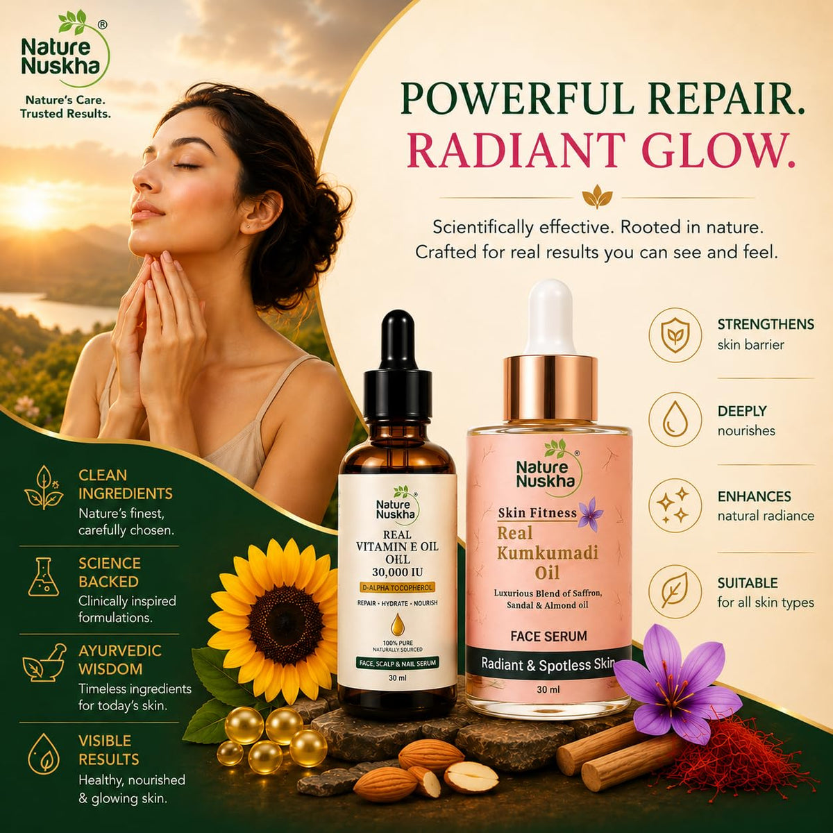 Real Vitamin E Oil 30,000 IU + Real Kumkumadi Oil Combo | Repair + Glow Duo | Face Serum for Healthy, Glowing Skin, Dry Skin, Pigmentation & Dark Spots | D-Alpha Tocopherol & Kumkumadi Tailam | For Women & Men | 30ml + 25ml