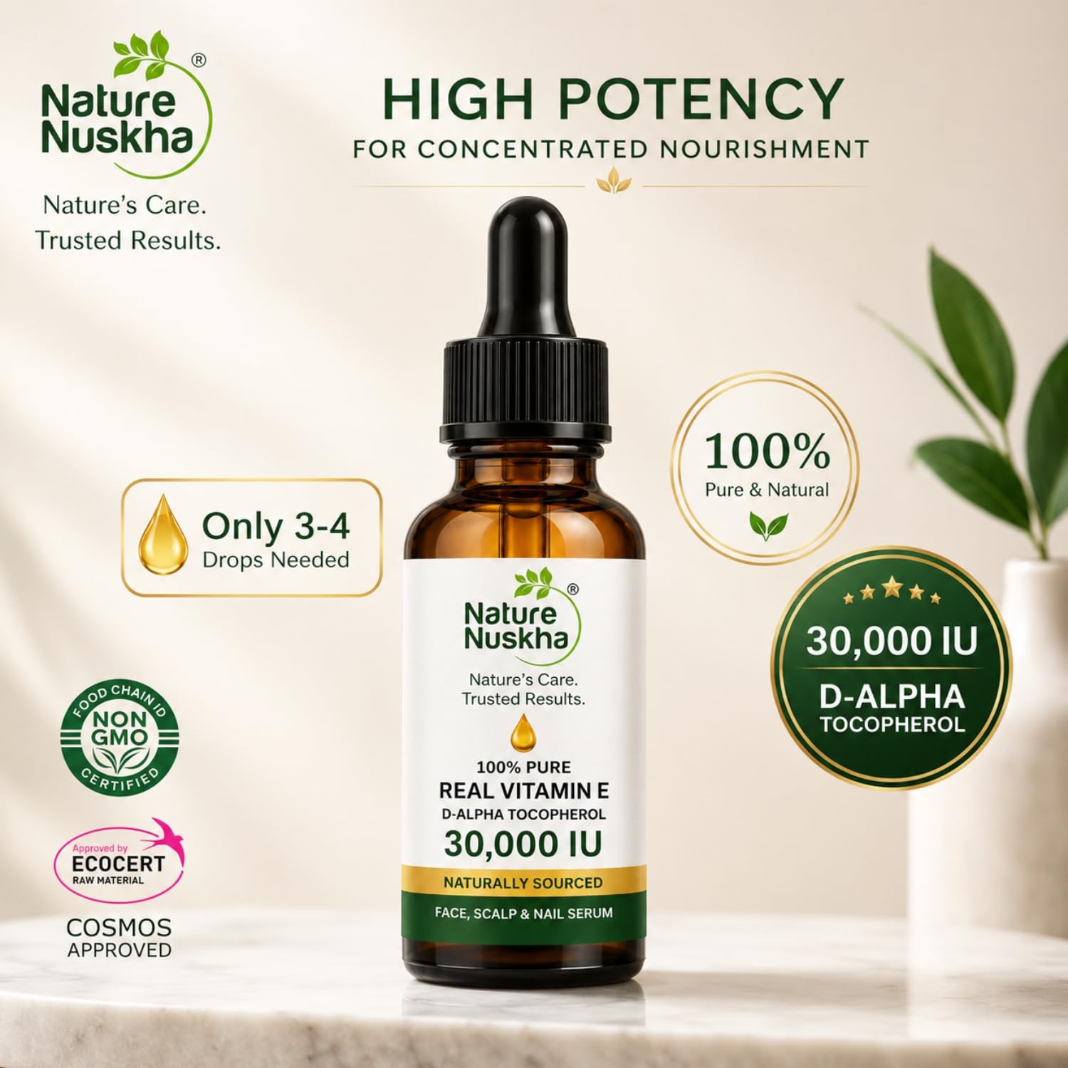 Real Vitamin E Oil 30,000 IU | Undiluted D-Alpha Tocopherol Serum | Dermatologically Tested | For Skin Glow, Hair Nourishment & Stronger Nails | Non-GMO Certified