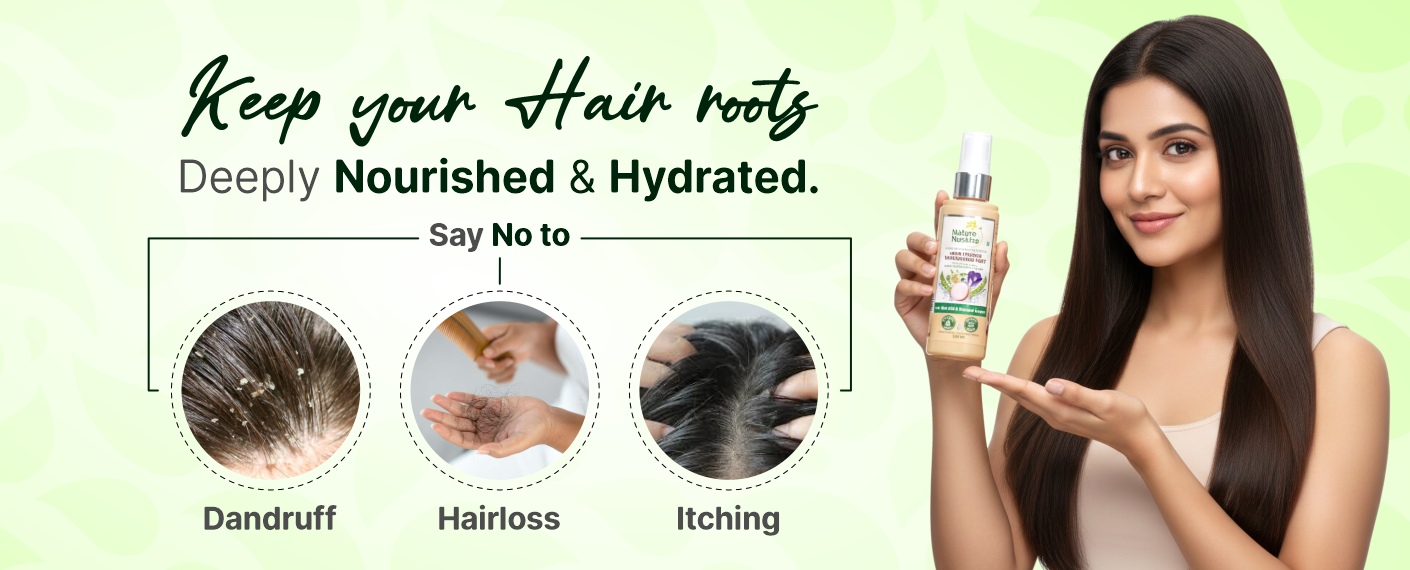 Woman holding a hair care product with text about nourishing hair roots on a green background