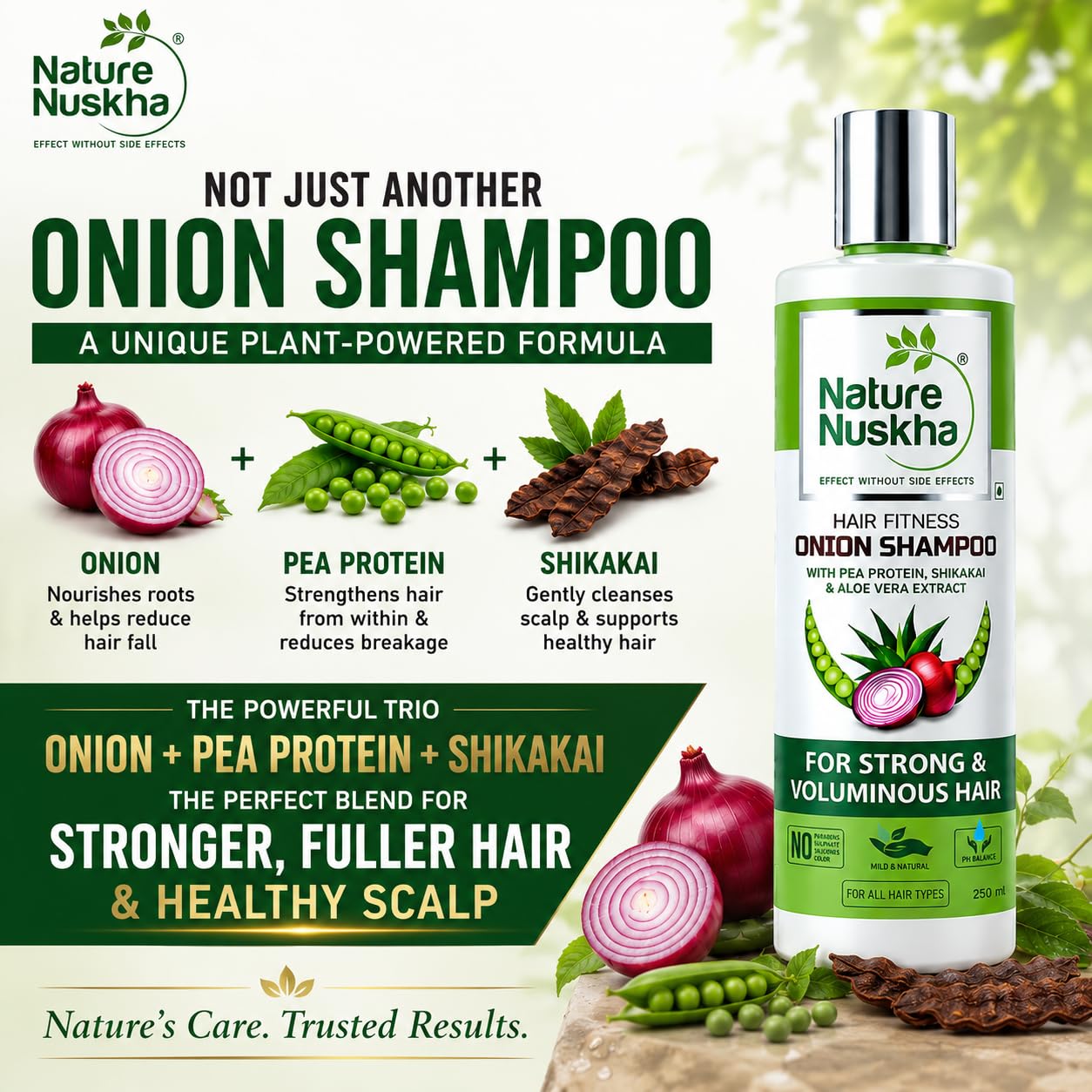Onion Shampoo for Hair Fall Control & Scalp Care | Pea Protein, Shikakai, Neem & Hyaluronic Acid | Stronger, Fuller-Looking Hair | Dermatologically Tested
