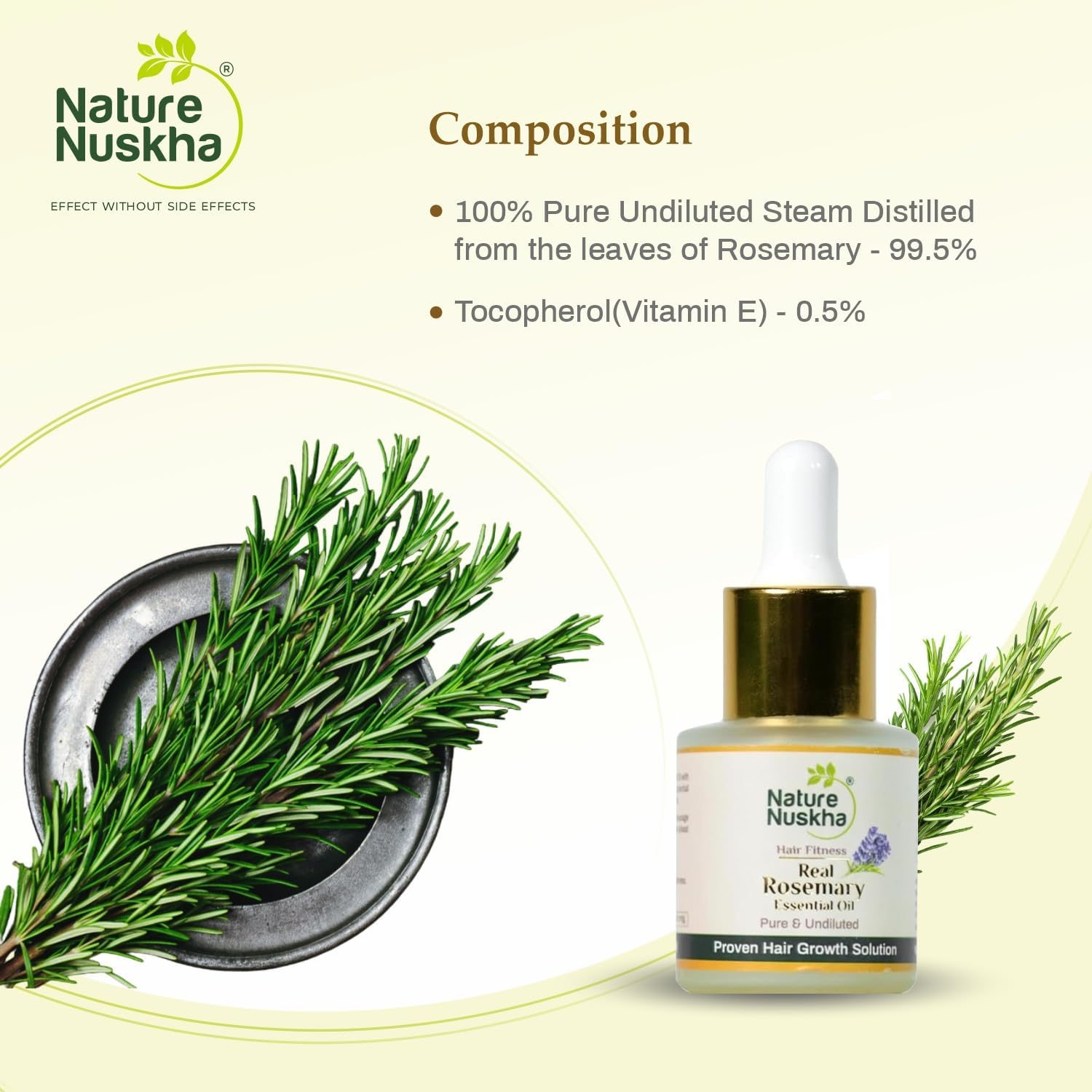 Real Rosemary Essential Oil - Pure & Undiluted with Vitamin E/Boost Hair Growth, Controls Hair fall & Dandruff
