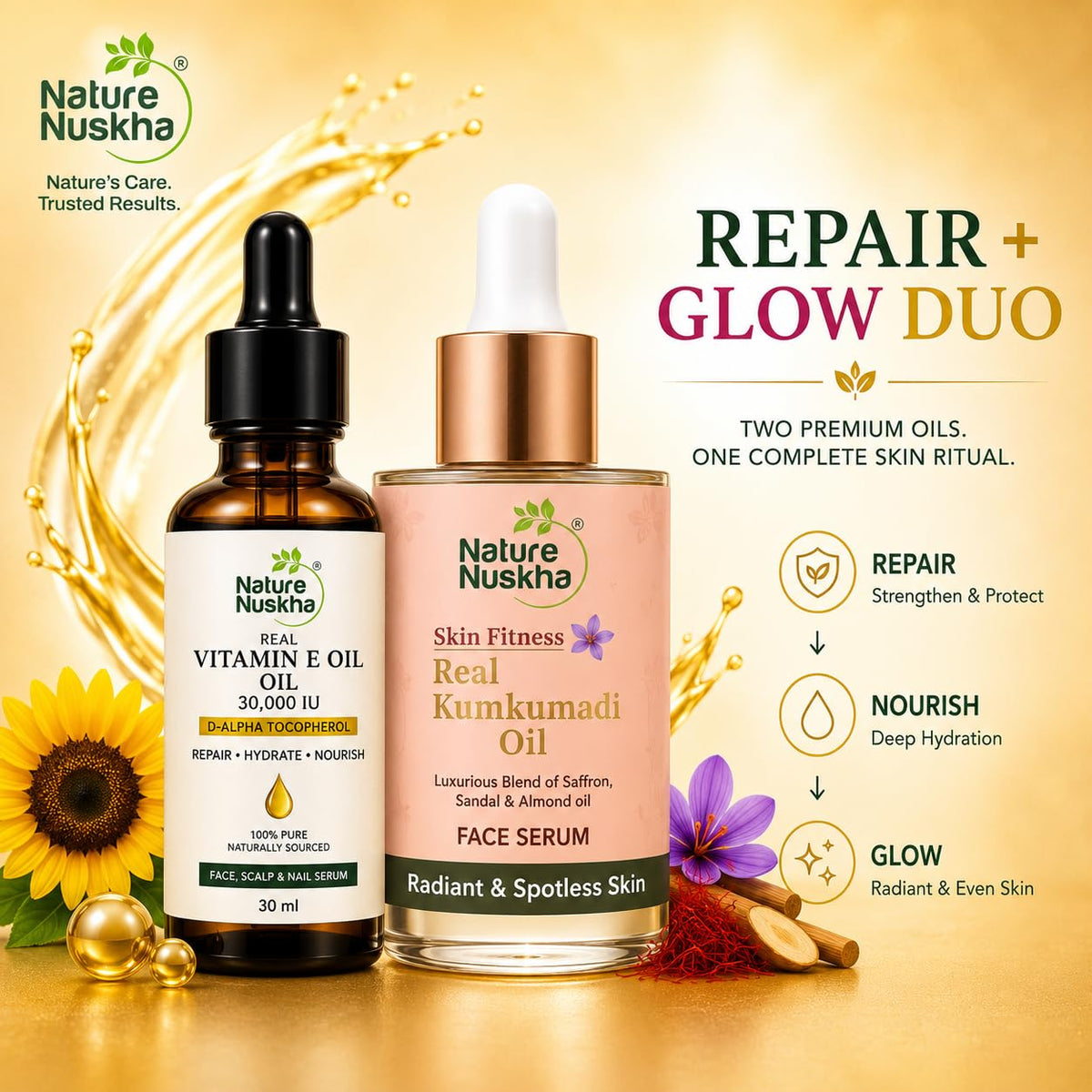 Real Vitamin E Oil 30,000 IU + Real Kumkumadi Oil Combo | Repair + Glow Duo | Face Serum for Healthy, Glowing Skin, Dry Skin, Pigmentation & Dark Spots | D-Alpha Tocopherol & Kumkumadi Tailam | For Women & Men | 30ml + 25ml