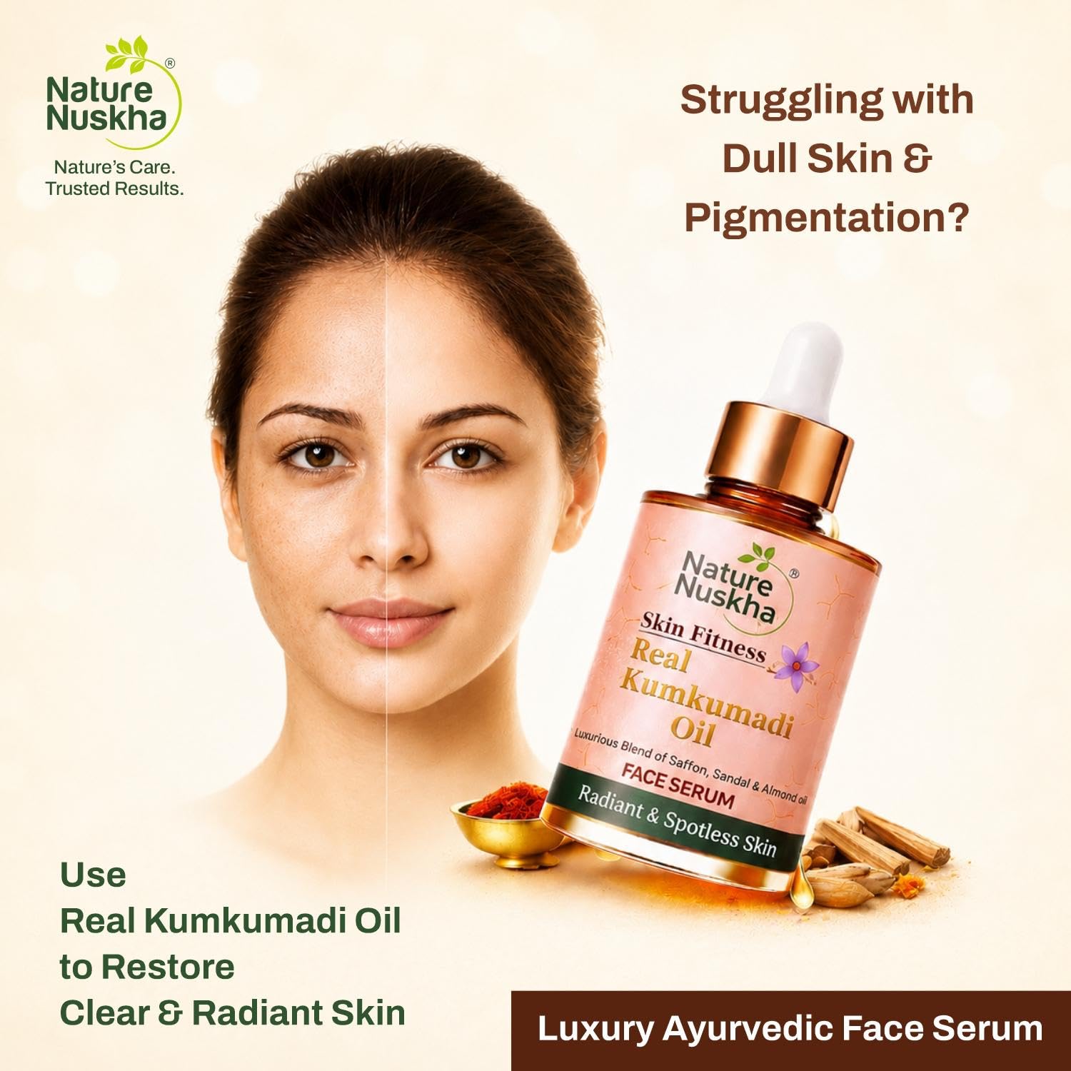 Real Kumkumadi Oil | Dermatologically Tested Face Serum for Glowing Skin, Dark Spots & Pigmentation | Enriched with Kumkumadi Tailam, Almond Oil & Vitamin E