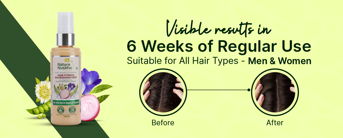 Hair care product with before and after hair images on a green background