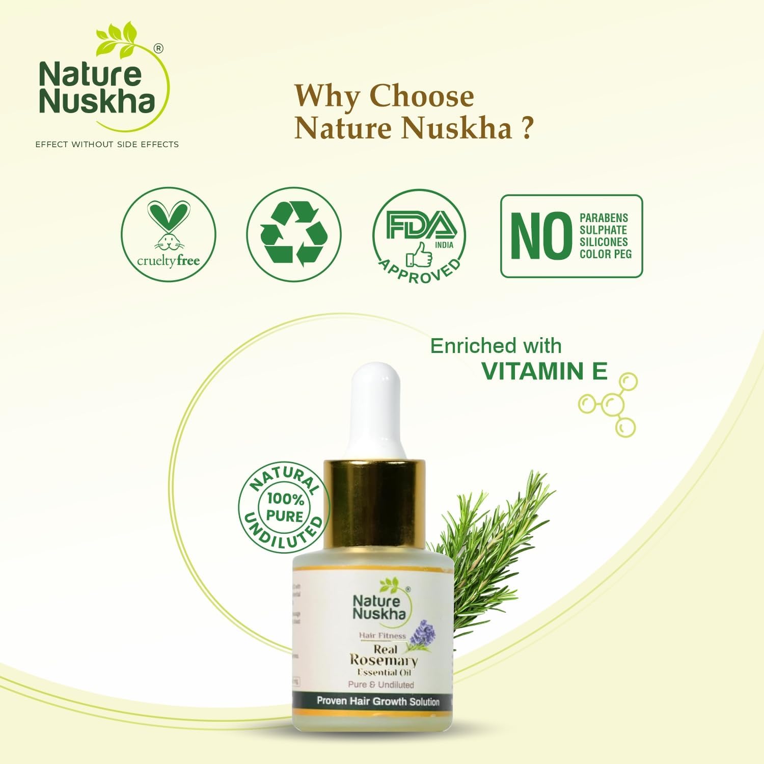 Real Rosemary Essential Oil - Pure & Undiluted with Vitamin E/Boost Hair Growth, Controls Hair fall & Dandruff
