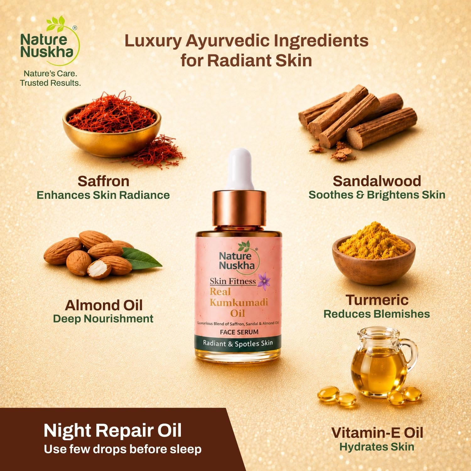 Real Kumkumadi Oil | Dermatologically Tested Face Serum for Glowing Skin, Dark Spots & Pigmentation | Enriched with Kumkumadi Tailam, Almond Oil & Vitamin E