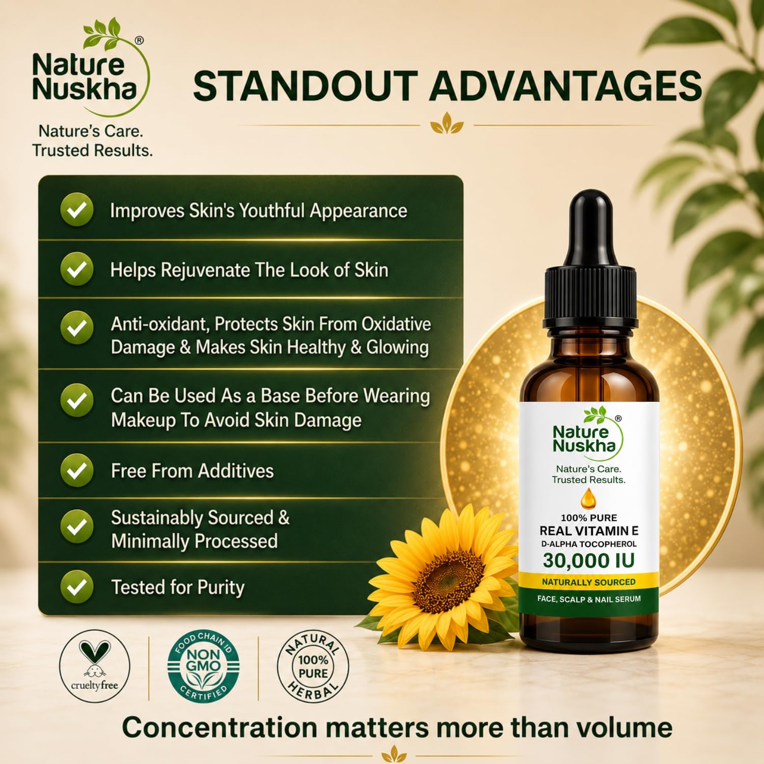 Real Vitamin E Oil 30,000 IU | Undiluted D-Alpha Tocopherol Serum | Dermatologically Tested | For Skin Glow, Hair Nourishment & Stronger Nails | Non-GMO Certified