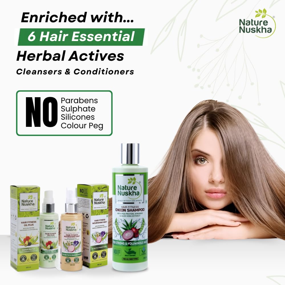 Nature Nuskha Clinically Tested Ultimate Hair Fall Control & Anti Dandruff Kit with Goodness of Onion, Pea- Protein & Vitamin E | Onion Mist 100ml + Oil Plus 100ml + Onion shampoo 250ml