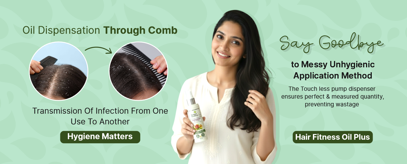 Woman holding a bottle of hair oil with text about hygienic oil dispensation through comb on a green background