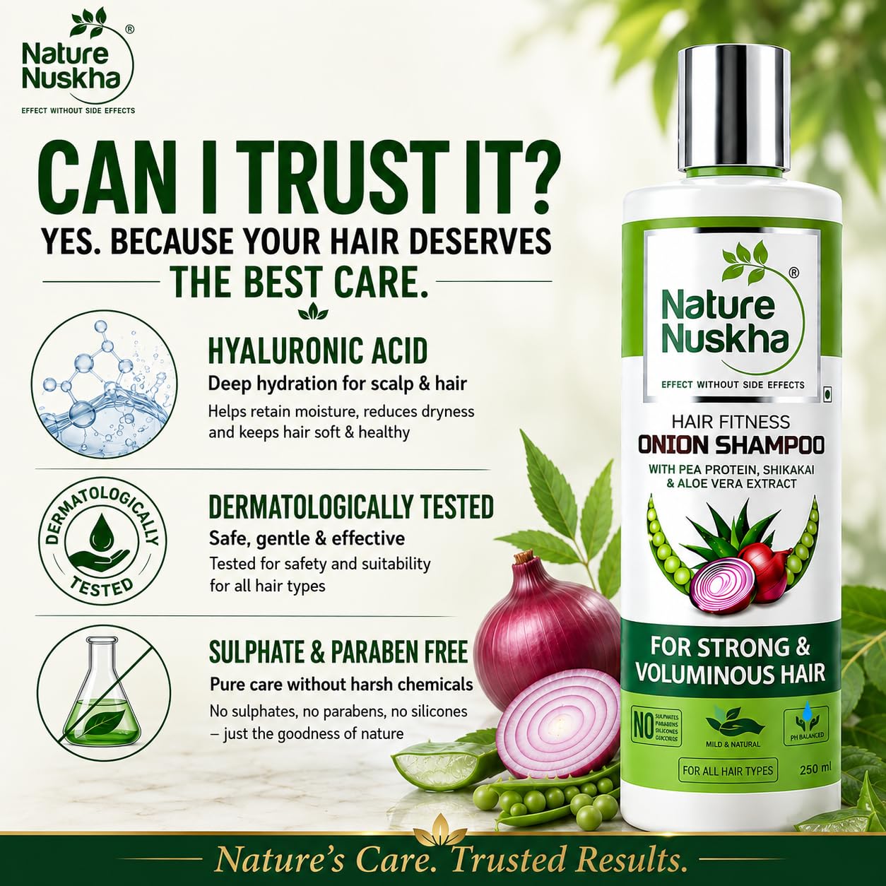 Onion Shampoo for Hair Fall Control & Scalp Care | Pea Protein, Shikakai, Neem & Hyaluronic Acid | Stronger, Fuller-Looking Hair | Dermatologically Tested