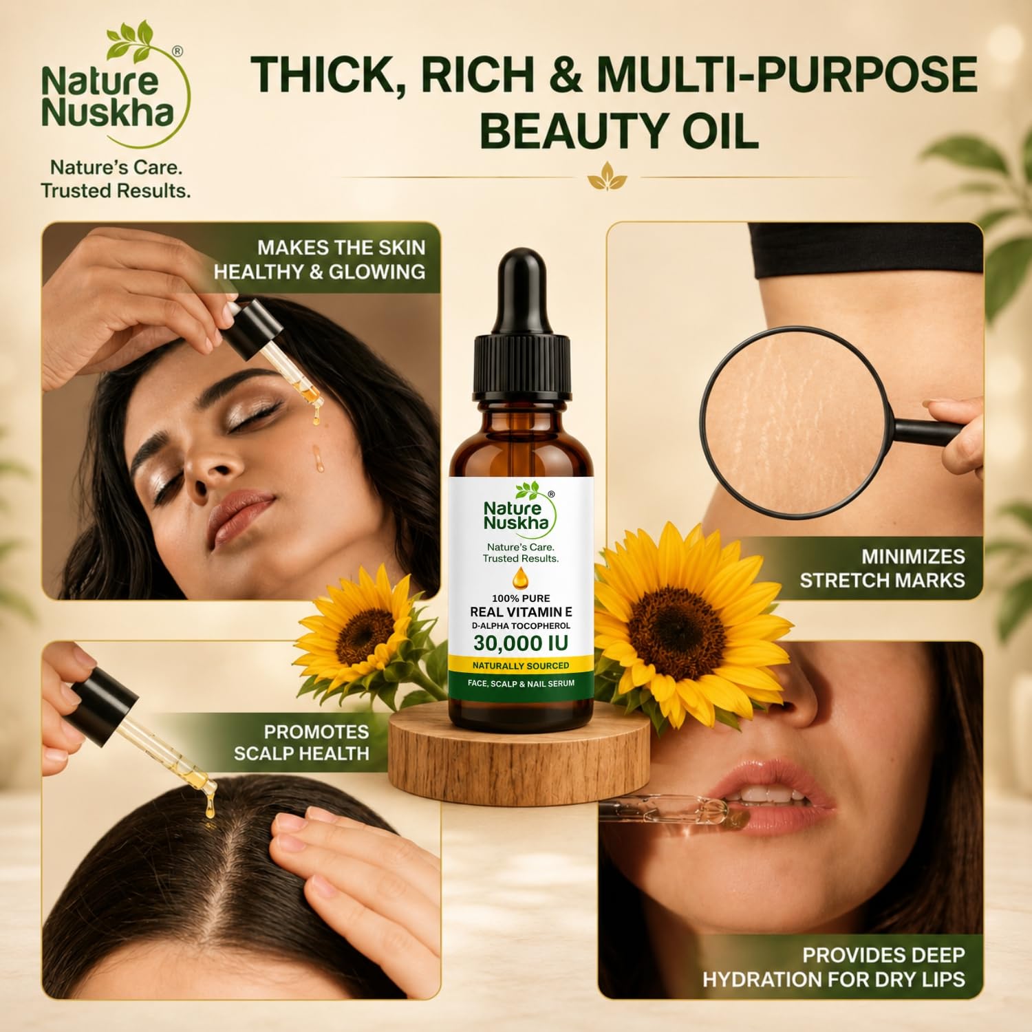 Real Vitamin E Oil 30,000 IU | Undiluted D-Alpha Tocopherol Serum | Dermatologically Tested | For Skin Glow, Hair Nourishment & Stronger Nails | Non-GMO Certified