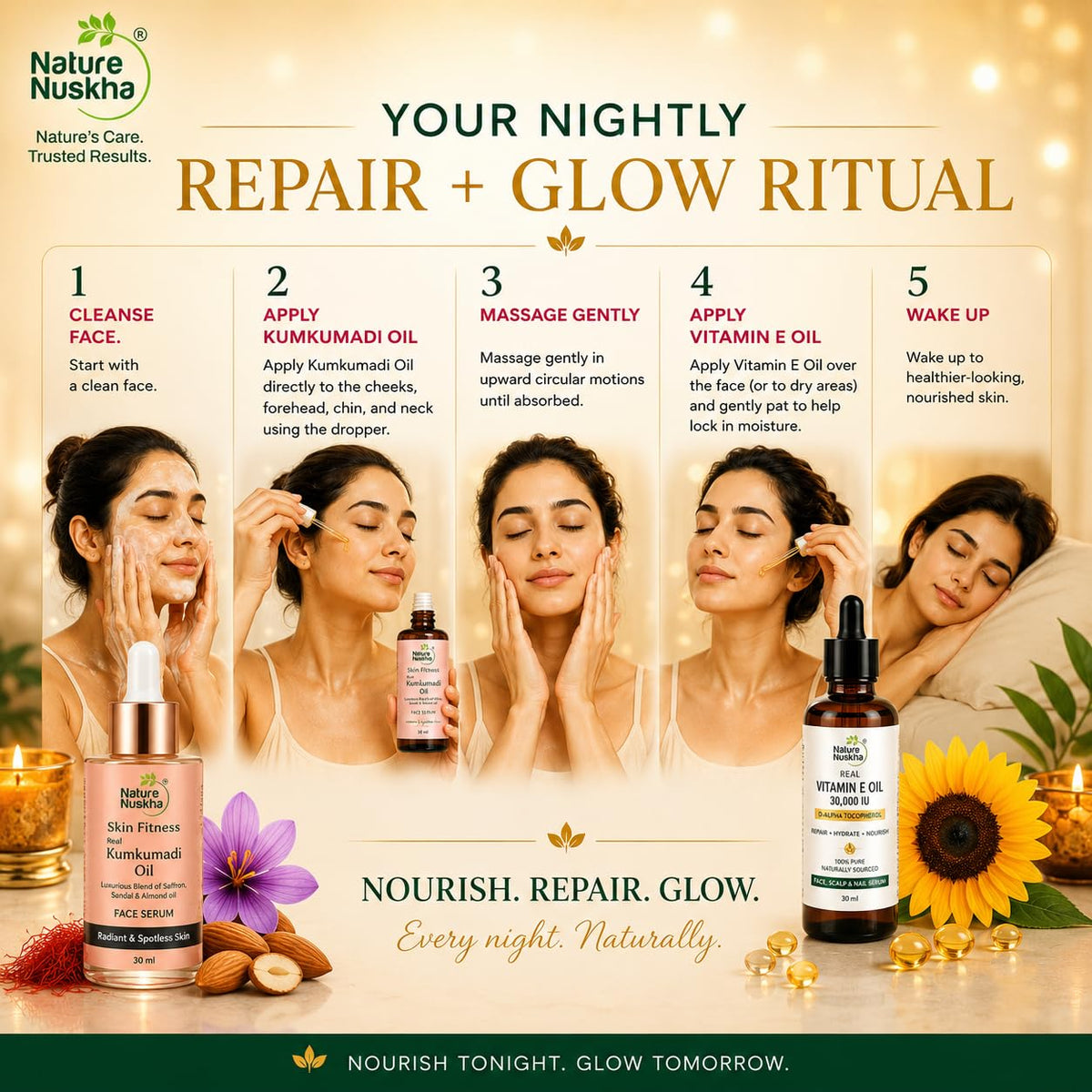 Real Vitamin E Oil 30,000 IU + Real Kumkumadi Oil Combo | Repair + Glow Duo | Face Serum for Healthy, Glowing Skin, Dry Skin, Pigmentation & Dark Spots | D-Alpha Tocopherol & Kumkumadi Tailam | For Women & Men | 30ml + 25ml