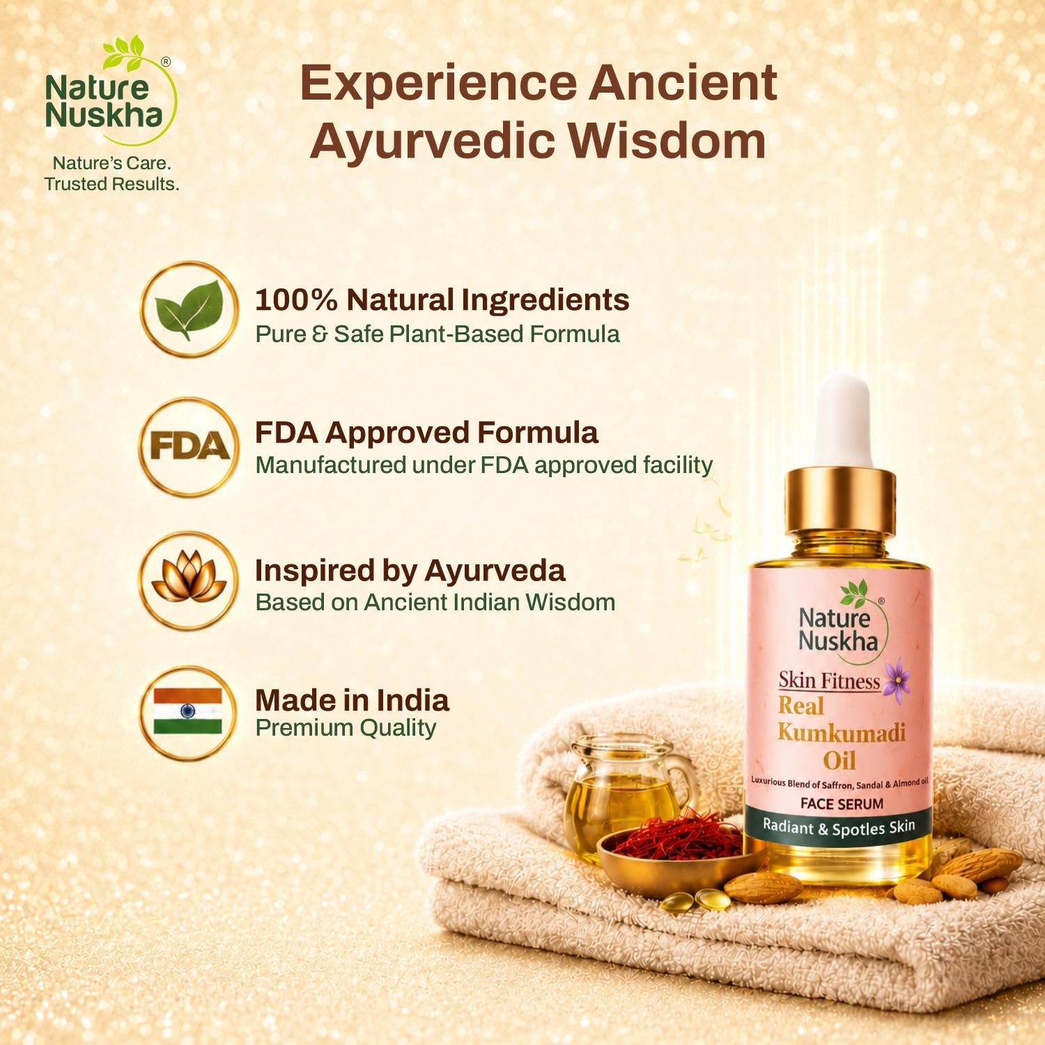 Real Kumkumadi Oil | Dermatologically Tested Face Serum for Glowing Skin, Dark Spots & Pigmentation | Enriched with Kumkumadi Tailam, Almond Oil & Vitamin E