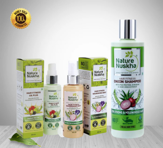 Nature Nuskha Hair Care Kit with Clinically Tested Ingredients | Hair Care Kit for Women and Men with Onion Extract, Pea Protein & Vitamin E | Supports Scalp Health & Strengthens Hair | Onion Mist (100ml) + Oil Plus (100ml) + Onion Shampoo (250ml)