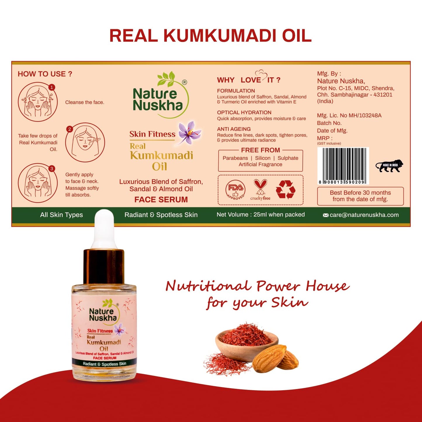 Nature Nuskha Real Kumkumadi Oil | Anti-Ageing Natural Face Serum 25ml with Niacin, Folic Acid, Vitamin E & C | Helps Reduce Dark Spots | Improves Complexion, Skin Tone & Brightness | Unisex