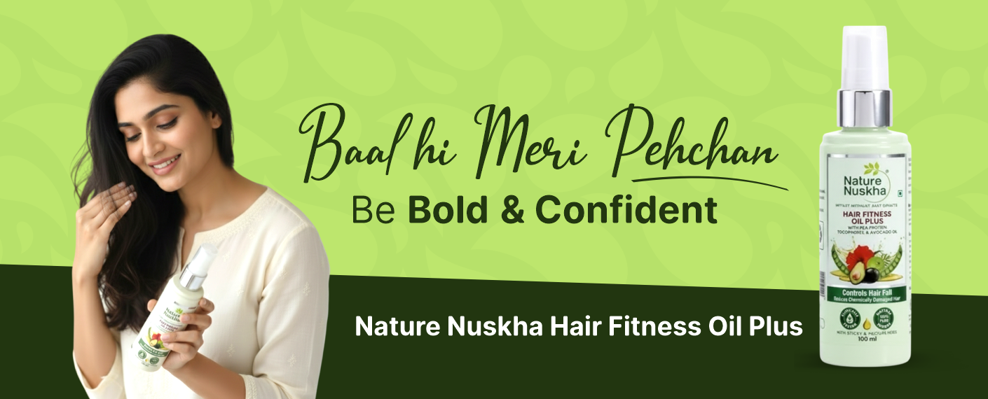 Woman holding a bottle of Nature Nuska Hair Fitness Oil Plus with a green background and text.