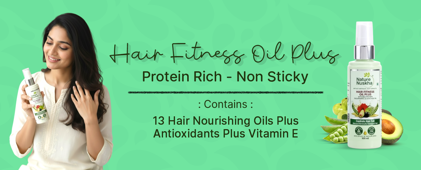 Woman holding a bottle of 'Hair Fitness Oil Plus' with product details on a green background