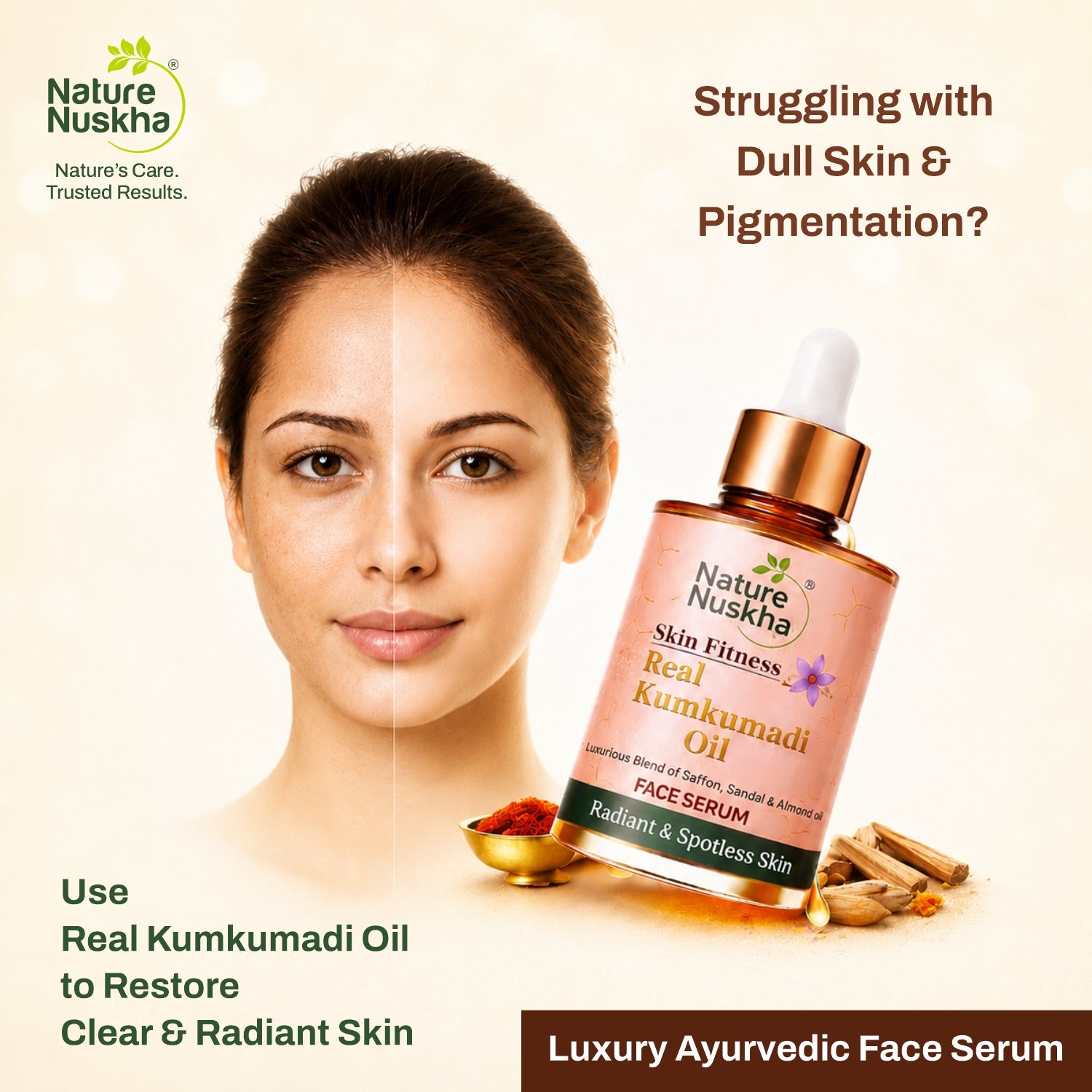Real Kumkumadi Oil - Anti-Ageing Face Serum with Niacinamide, Vitamin C & E /Dark spots, stretch mark, Bright & Even skin