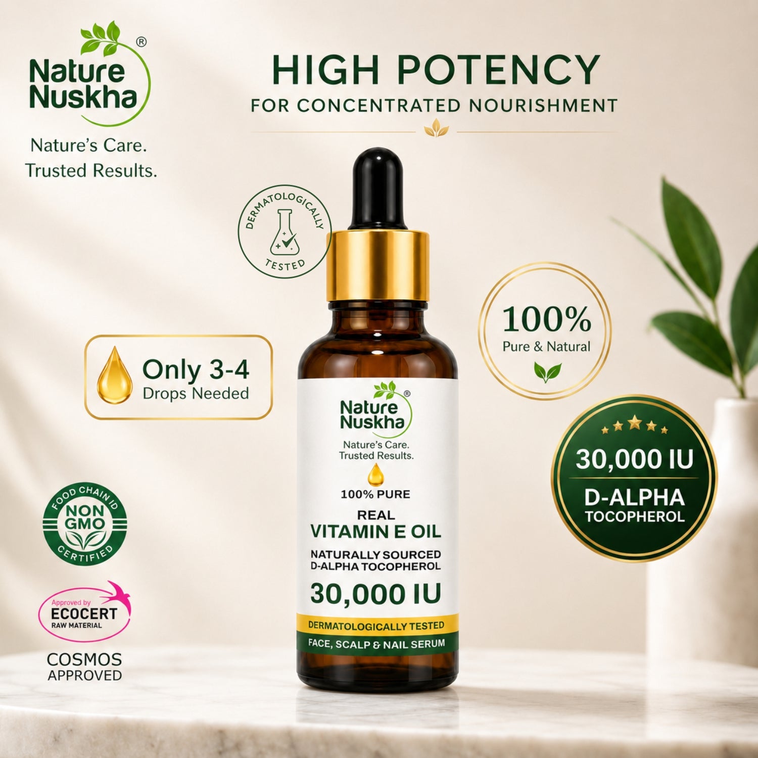 Real Vitamin E Oil 30000 IU ,High purity,Non-sticky/Skin,Hair,Nails care/Non-GMO/