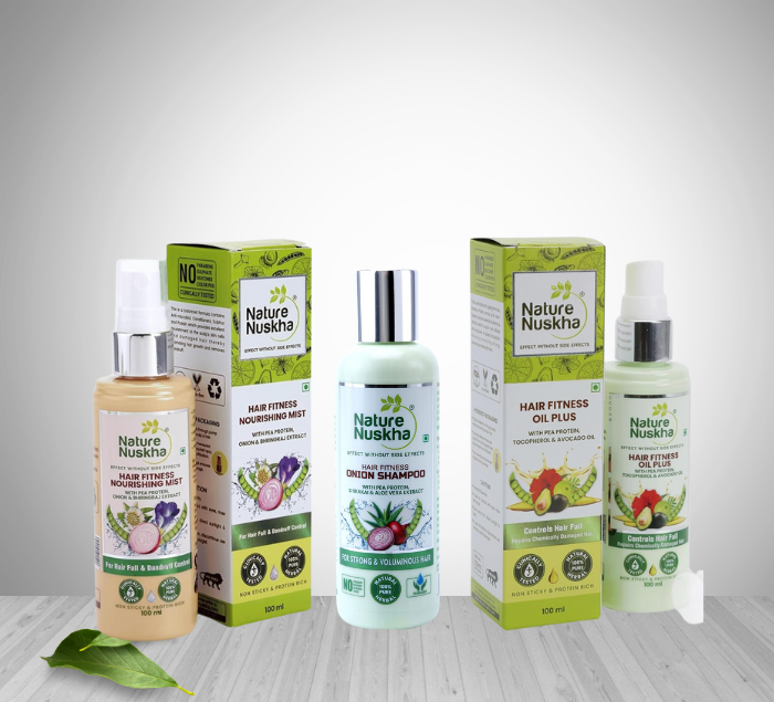 Nature Nuskha 3-Step Complete Hair Care Kit | Visible result in 30 Days on regular use | Onion Shampoo 100ml + Hair Nourishing Mist 100ml + Oil Plus 100ml | Prevent Hair Fall and Dandruff | Natural Hair Fitness Solution