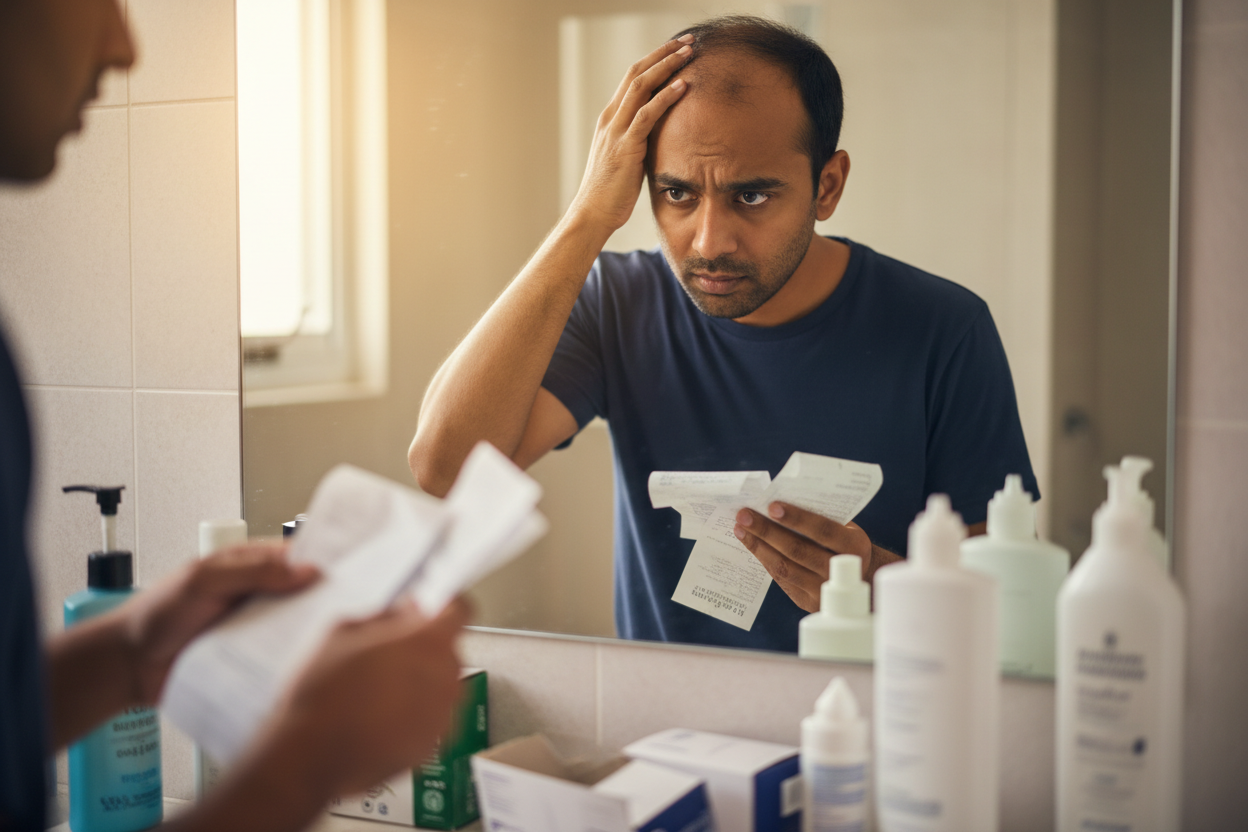 a guy with hair falll problem worring about money wasted on hair care products