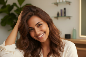 a smiling customer with one hand in hairs