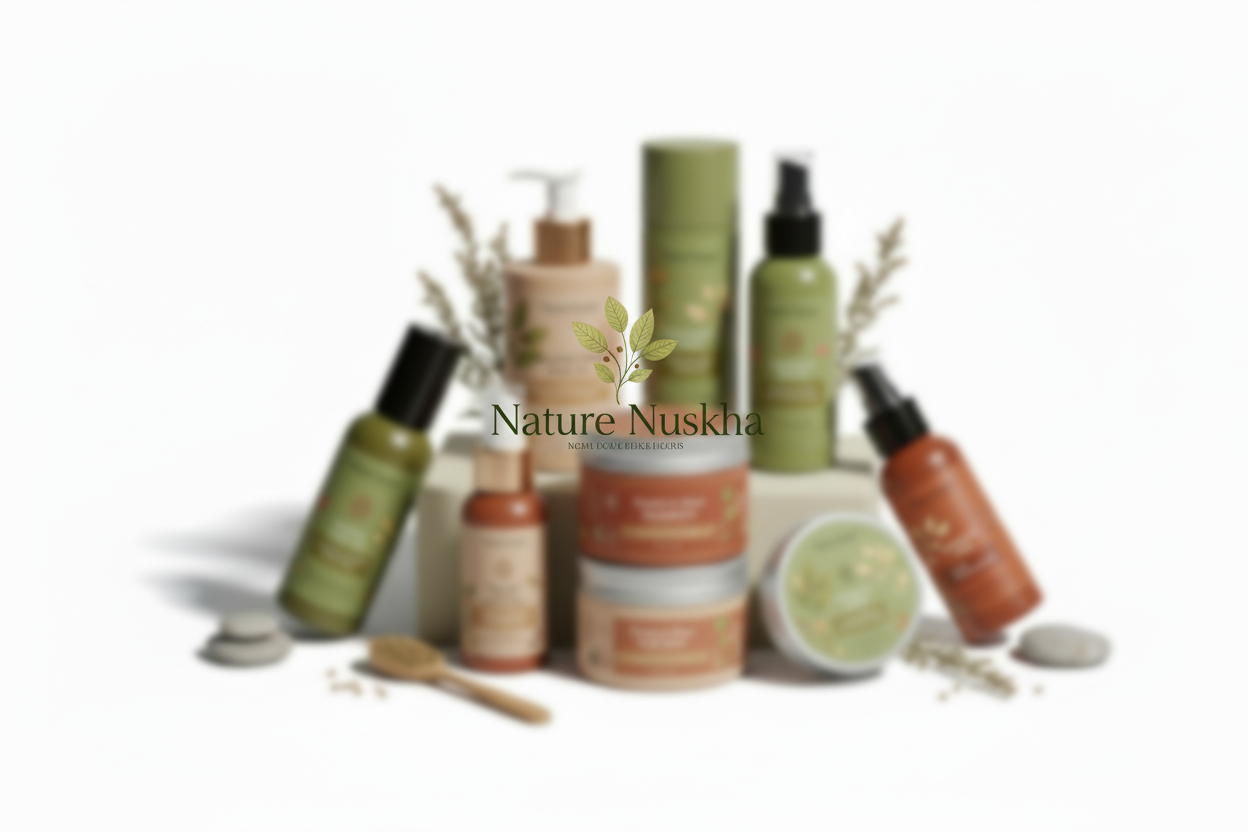 blur all the products and show nature nuskha logo highlighted at center with top layer