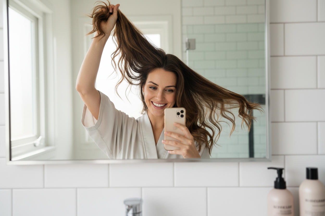 Customer holding her hair with joyful expression, mirror selfie style