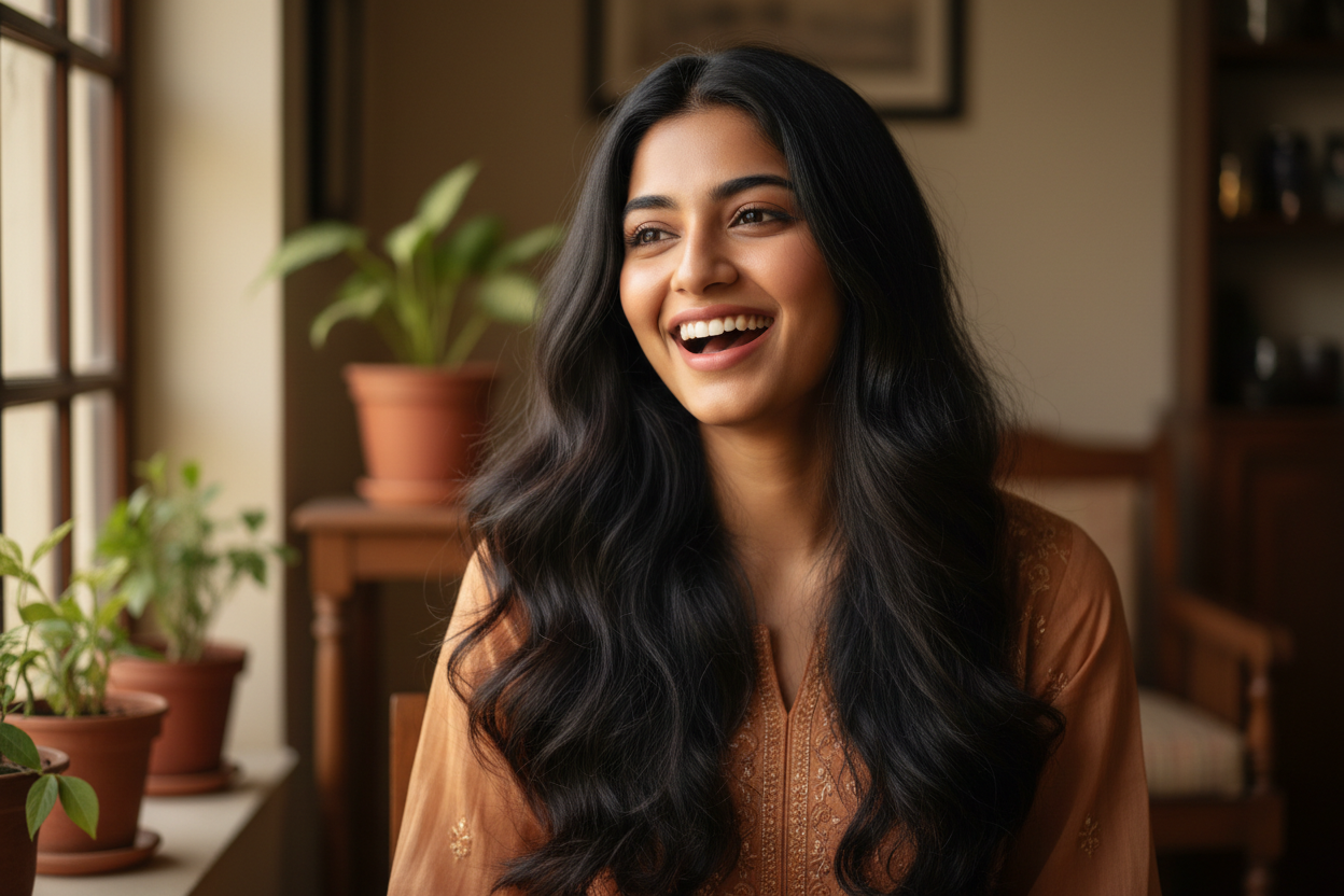 generate an image of a indian girl, showing her healthy hair and glowing skin with happy facing