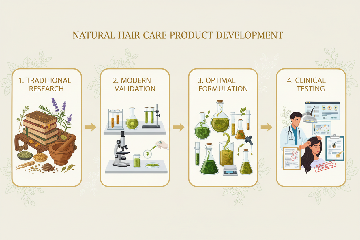 generate an image showcasing product development four stages, 1. traditional research, 2. modern validation, 3. optimal formulation, 4. clinical testing