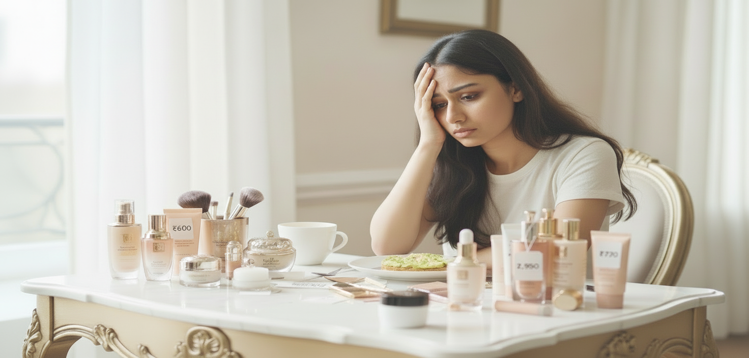 girl disatisfied with costly skin care products 