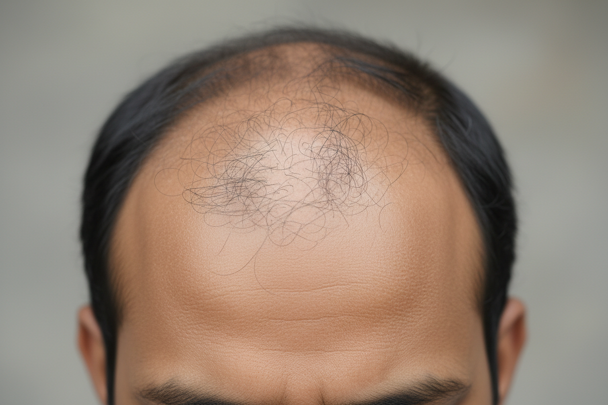 indian male with baldness problem, show head with less hairs as baldness