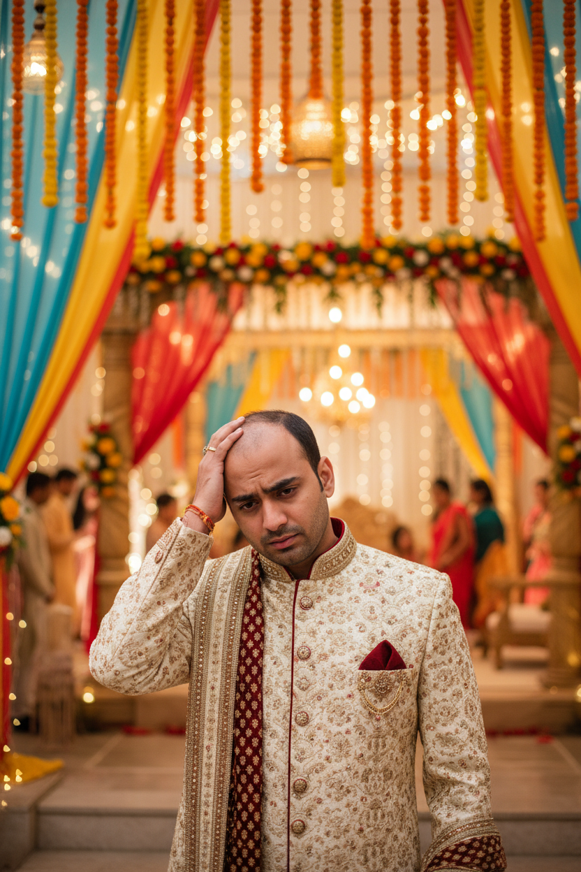 this boy should look like an indian boy and also image needs to be verticle with some background also of indian marriage event